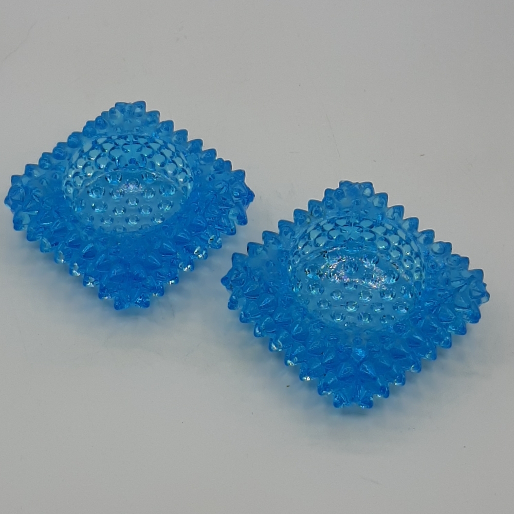 Fenton Blue Spike Hobnail Glass Votive Holders Pair Salt Cellars Vintage